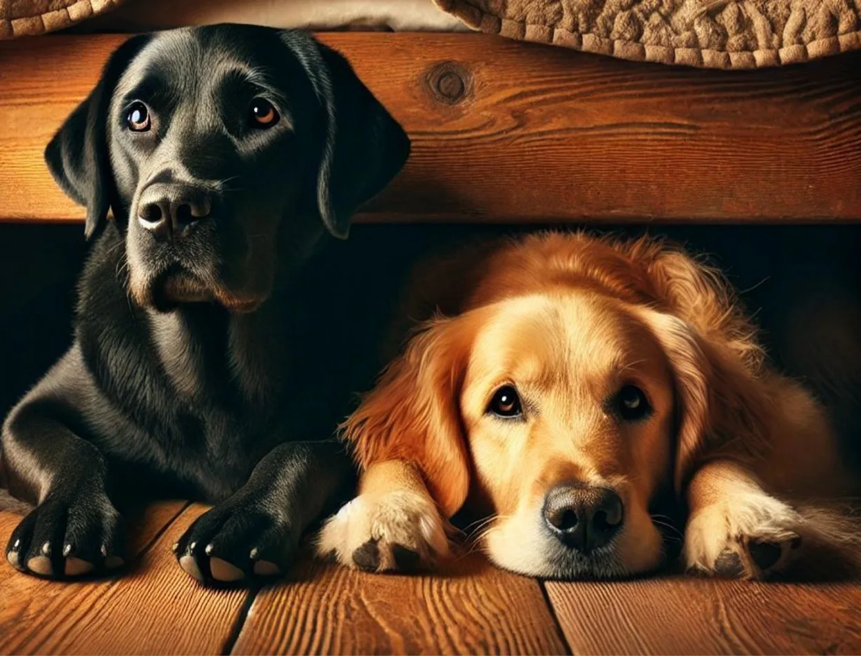 Normand's 2 dogs, Buddy and Pebbles. Buddy on the left is a black Labrador and Pebbles lying down on the left is a Golden Retriever.