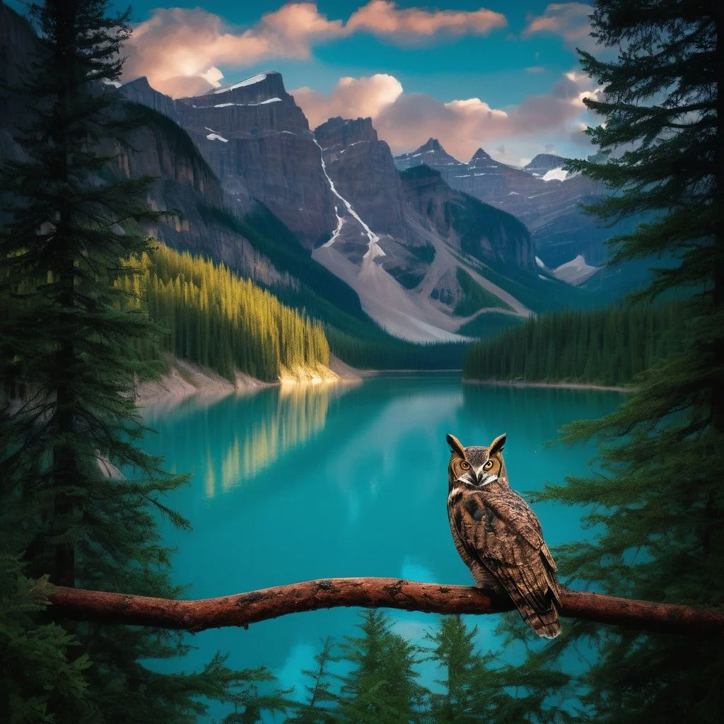 A majestic owl siting on a tree branch with lake Louise in the background