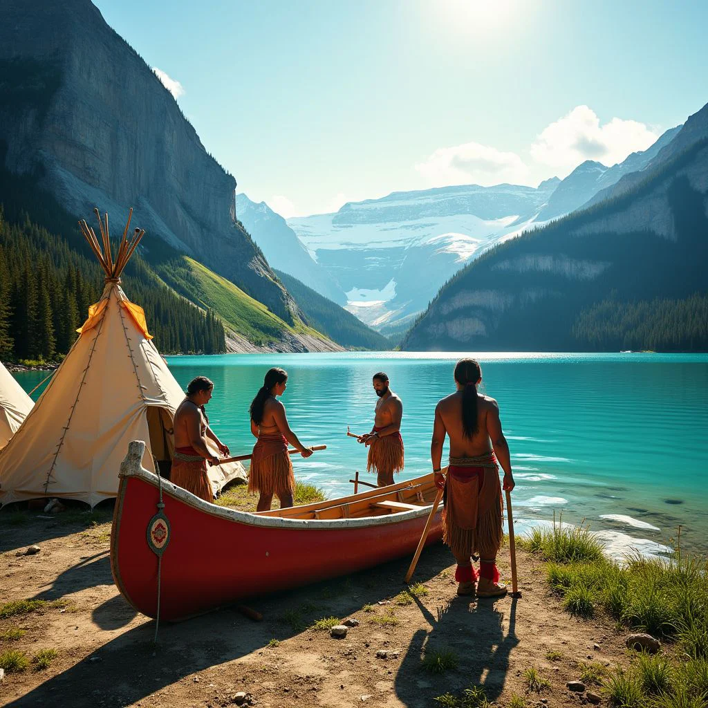 Tribal people preparing their boat to set sail on lake Louise