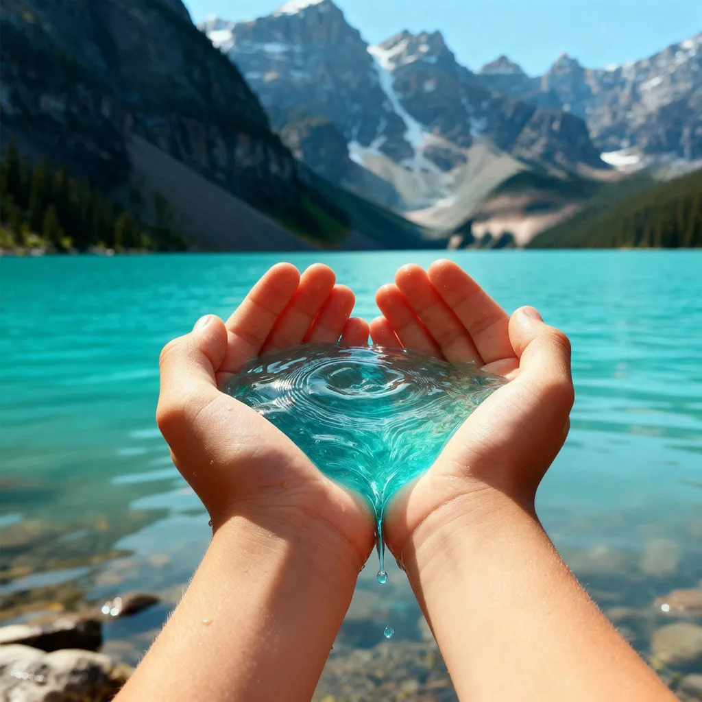 Normand grasping the stunning turquoise water of lake Louise