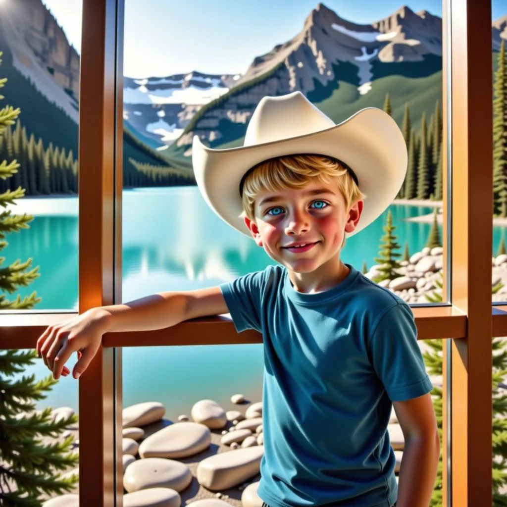 Normand resting against a large window in the Fairmont Chateau, outside the window is the beautiful turquoise lake Louise