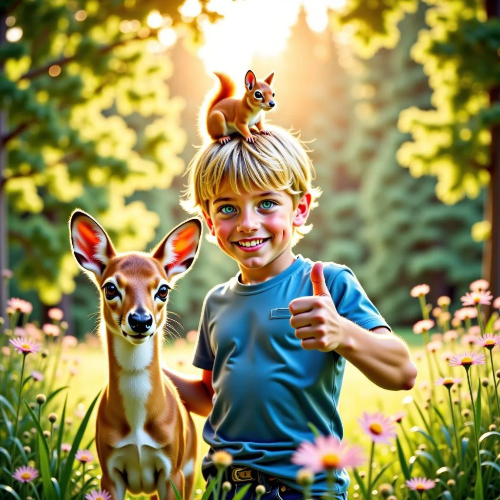 Normand walking through the forsest with a friendly dear standing next to him and a squirel on his head