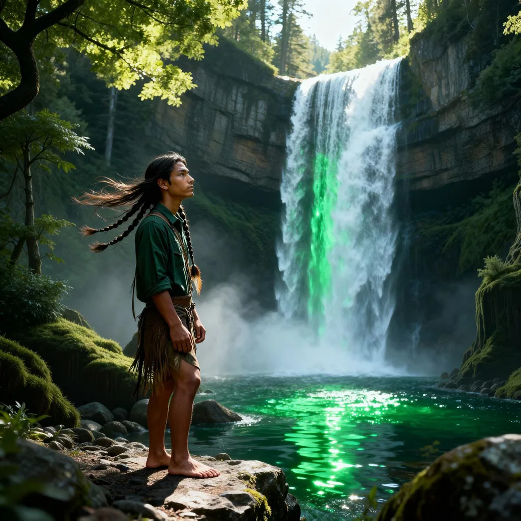 Tribal man standing infront of the glowing waterfall