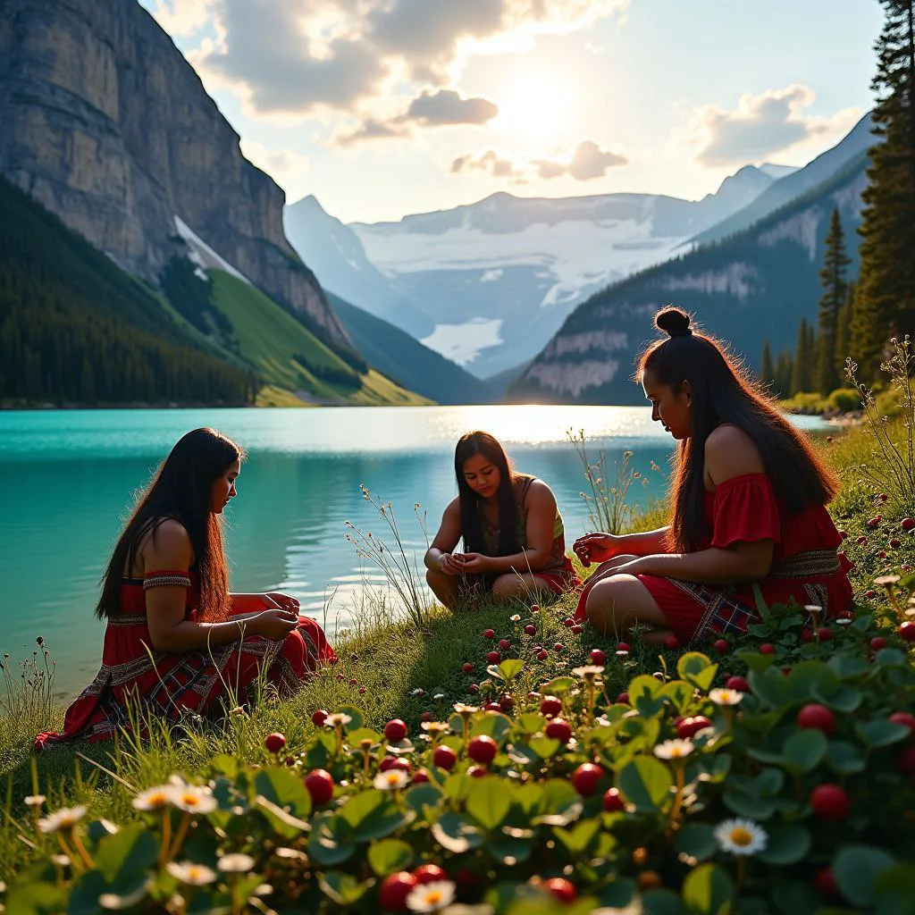 Tribal people picking wild berries on the shore of lake Louise